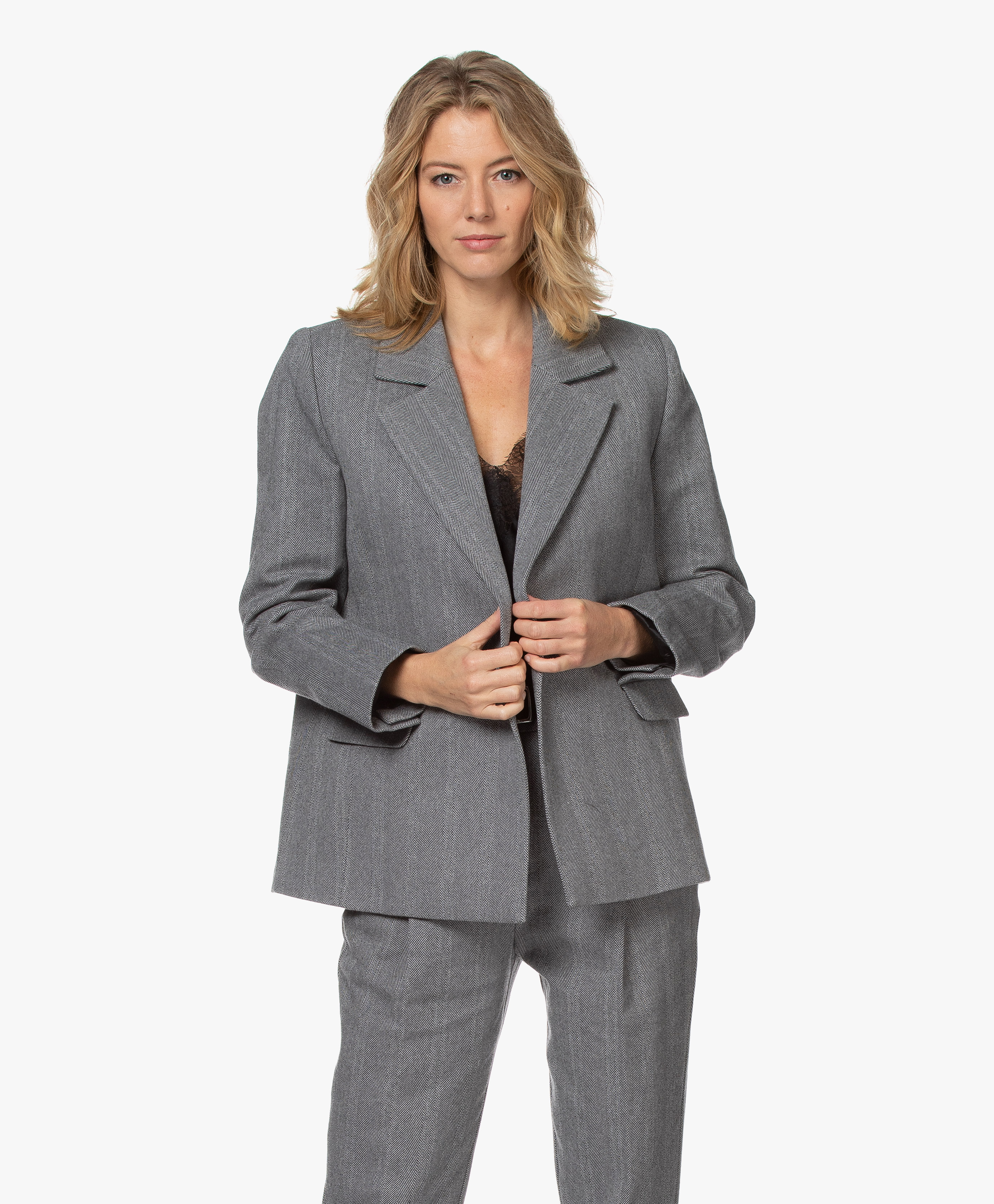 ANINE BING Becky Double-breasted Herringbone Blazer - Grey - a-01-2017-021